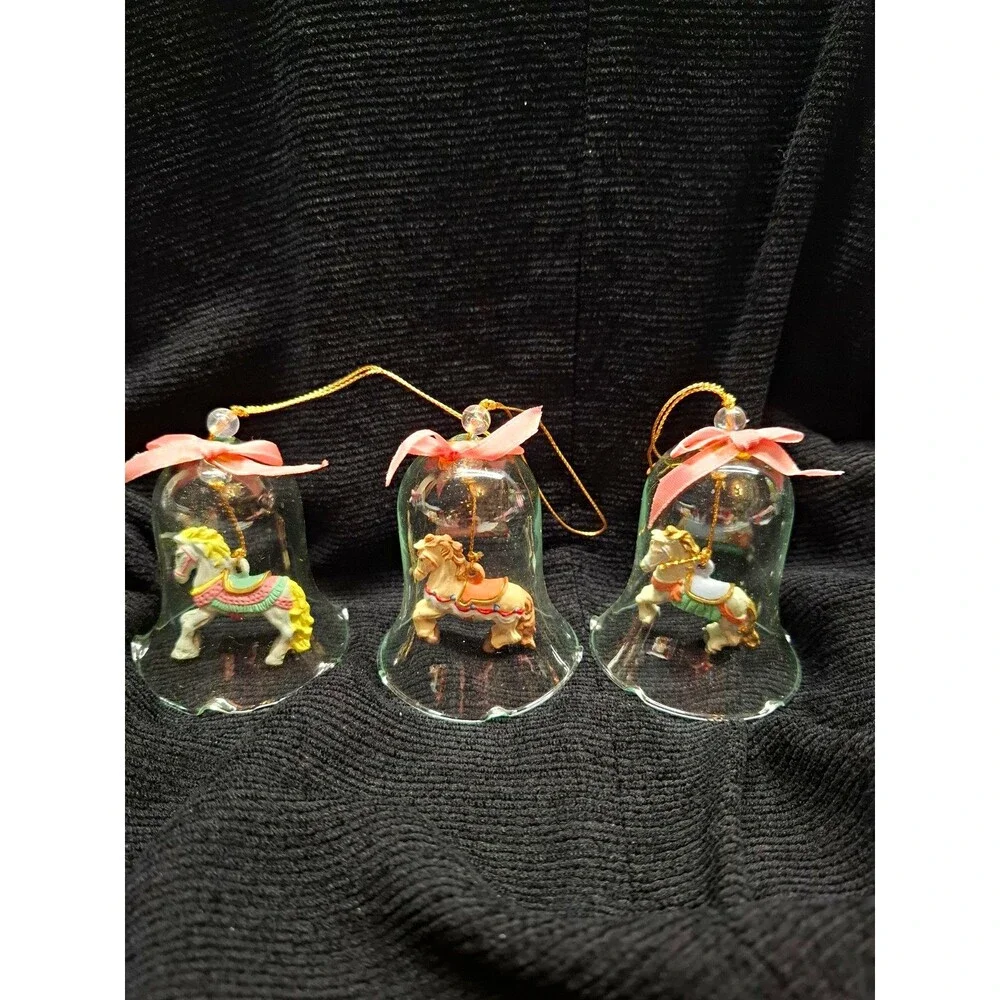 Vintage Clear Glass Bell Ornaments Carousel Horse Clapper Set 3 Christmas 3
